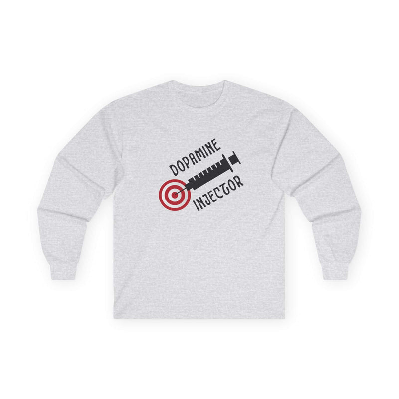 Dopamine Injector men's long sleeve graphic tee in light gray with syringe and target design.