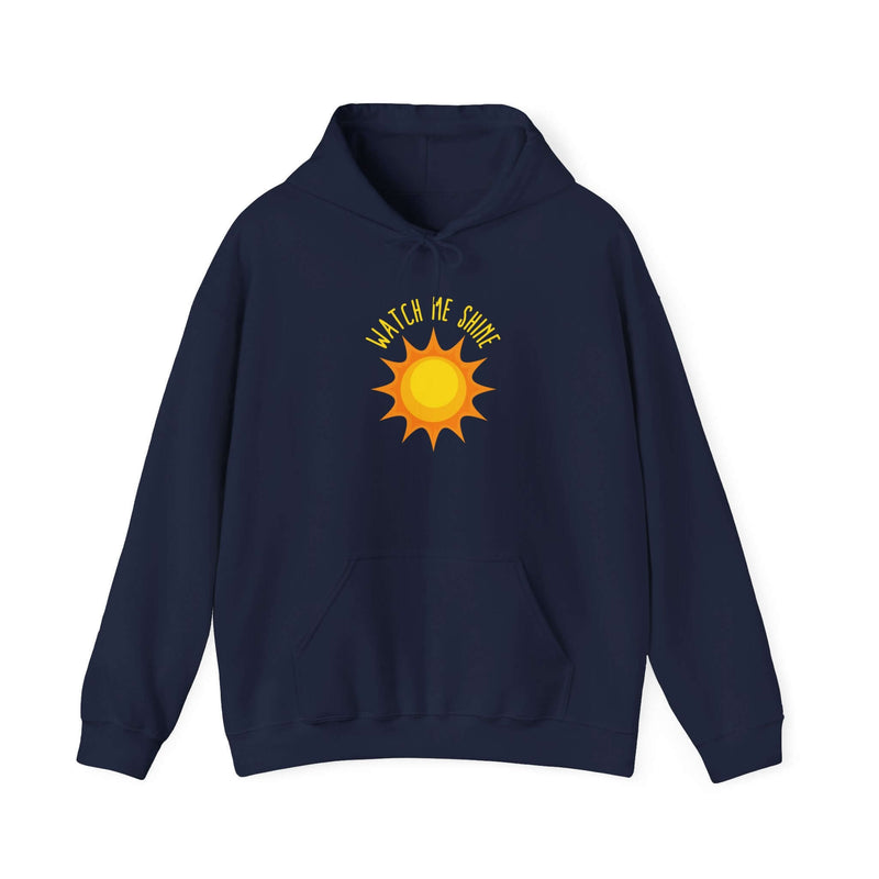 Watch Me Shine Men's Graphic Hoodie in navy blue with sun graphic, perfect for stylish comfort and empowerment.