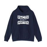 Navy 'Facts Don't Matter' women's graphic hoodie with kangaroo pouch pocket and adjustable hood.