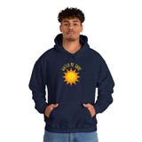 Watch Me Shine men's graphic hoodie in navy with sun design, featuring a kangaroo pocket and adjustable hood.