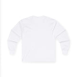 Back view of a plain white long sleeve graphic t-shirt for men, showcasing a minimalist design.