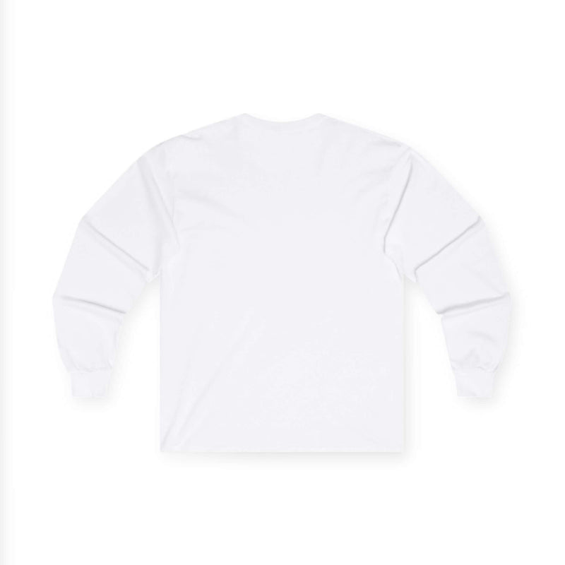 Back view of a plain white long sleeve graphic t-shirt for men, showcasing a minimalist design.