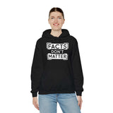 Black women's graphic hoodie with 'Facts Don't Matter' print, perfect for casual wear and colder days.