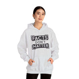 Woman wearing a cozy gray hoodie with 'Facts Don't Matter' graphic, perfect for casual and trendy wear.