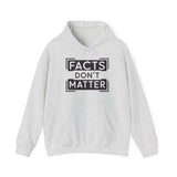 Gray hoodie with 'Facts Don't Matter' graphic print, featuring a spacious kangaroo pocket and adjustable hood.