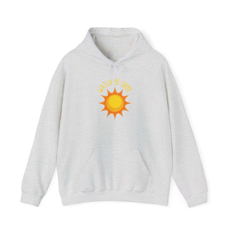 Watch Me Shine men's graphic hoodie in gray with sun design, perfect for stylish casual wear and outdoor events.