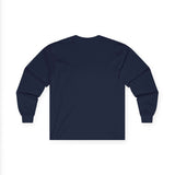 Back view of Dopamine Injector men's long sleeve graphic t-shirt in navy blue color.