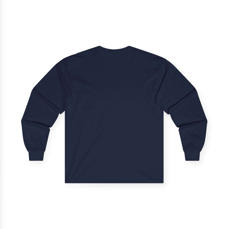 Back view of Dopamine Injector men's long sleeve graphic t-shirt in navy blue color.