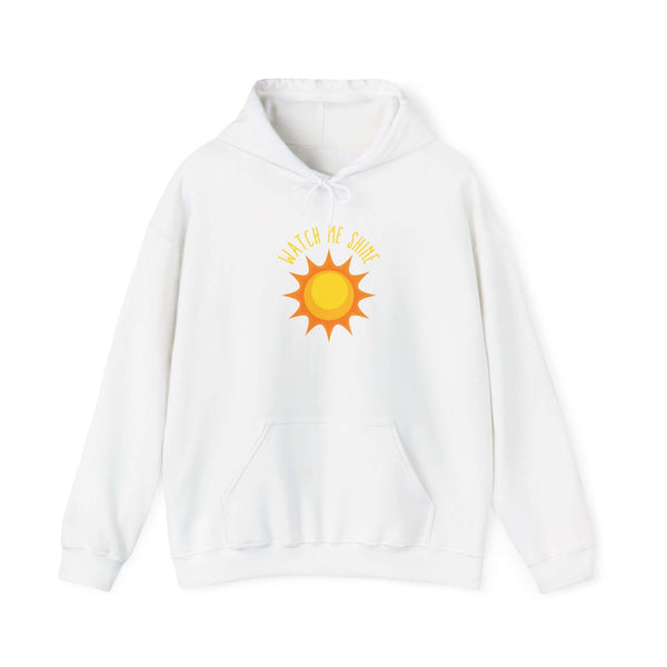 White graphic hoodie for men featuring 'Watch Me Shine' sun design, perfect for casual wear and stylish comfort.