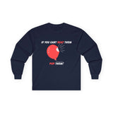 Men's long sleeve graphic t-shirt featuring 'If You Can't Beat Them Pop Them!' design on a navy background.