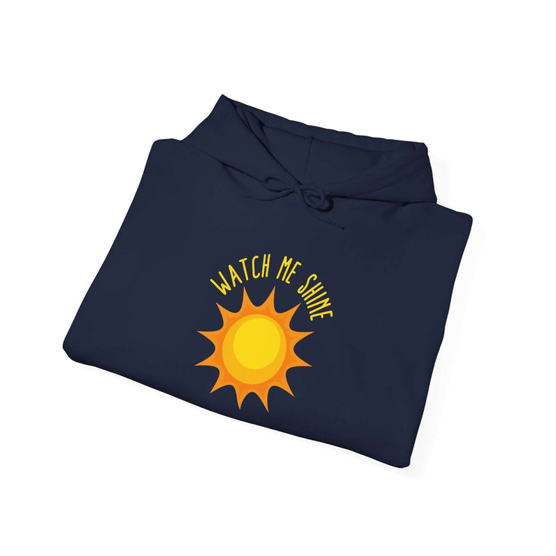 Watch Me Shine Men's Graphic Hoodie in navy blue with sun design, perfect for cozy style and confidence.