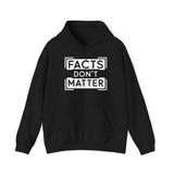 Black graphic hoodie with the text 'FACTS DON'T MATTER' for trendy casual wear and warmth.