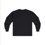 Back view of a men's long sleeve graphic t-shirt in black color, showcasing a clean and seamless design.