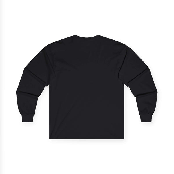 Back view of a men's long sleeve graphic t-shirt in black color, showcasing a clean and seamless design.