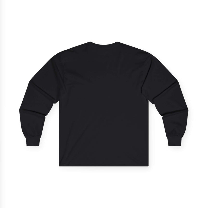 Back view of a men's long sleeve graphic t-shirt in black color, showcasing a clean and seamless design.