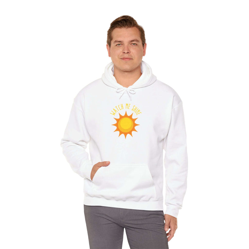 Watch Me Shine Men's Graphic Hoodie in white with sun design, perfect for casual and confident wear.