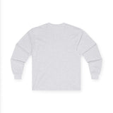 Back view of a gray long sleeve graphic t-shirt, featuring a comfortable and seamless design for men.