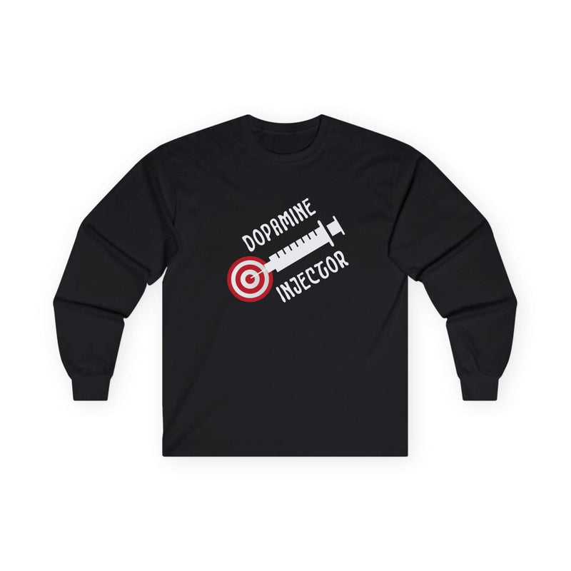 Dopamine Injector men's long sleeve graphic t-shirt in black with syringe design, perfect for a stylish casual look.