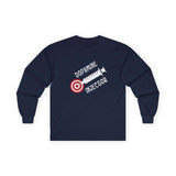 Dopamine Injector Men's Long Sleeve Graphic T-Shirt in navy with syringe and target design.