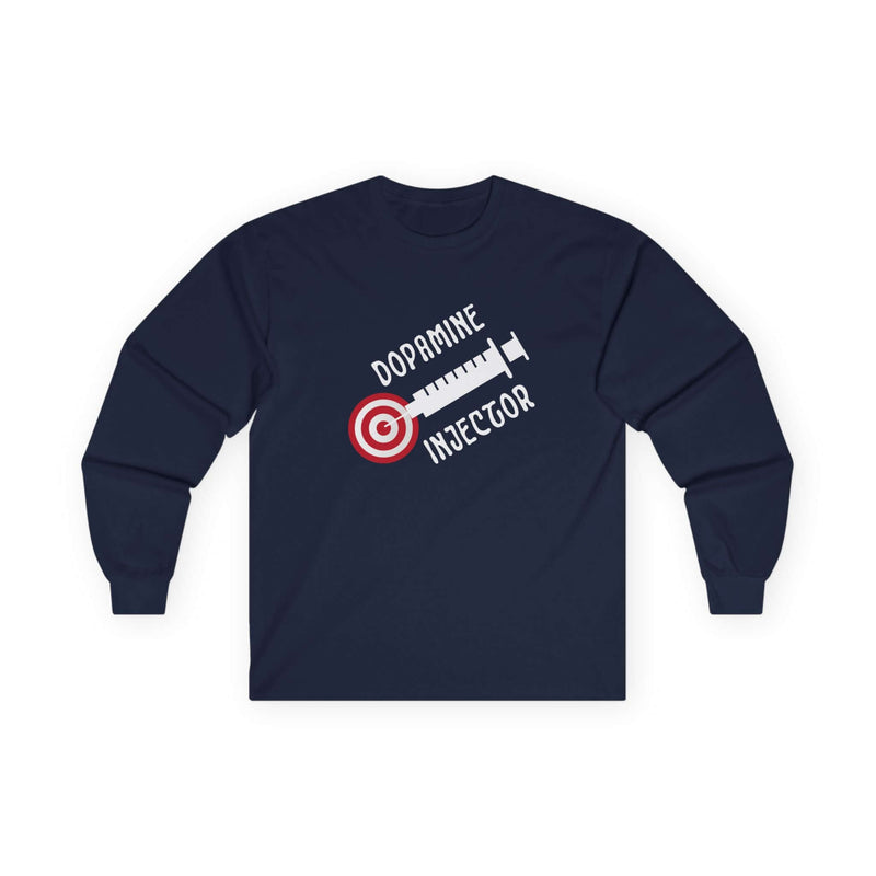 Dopamine Injector Men's Long Sleeve Graphic T-Shirt in navy with syringe and target design.