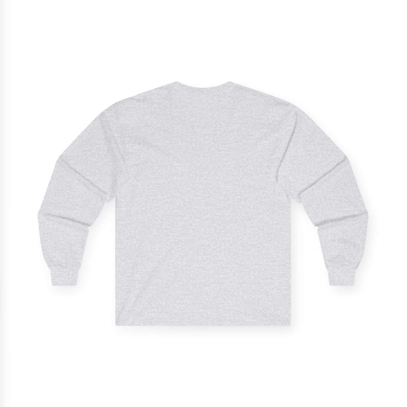 Back view of a light gray long sleeve graphic t-shirt for men, perfect for casual wear and making a statement.