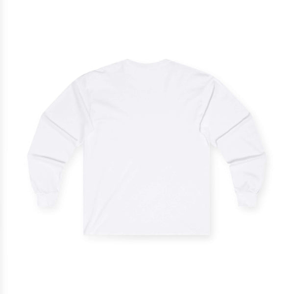 Back view of a plain white men's long sleeve graphic t-shirt, perfect for casual wear.